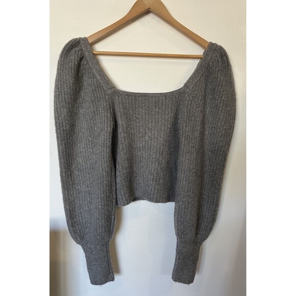 Zara Gray Square Neck Puff Sleeve Ribbed Knit Sweater Size Small - Picture 5 of 10
